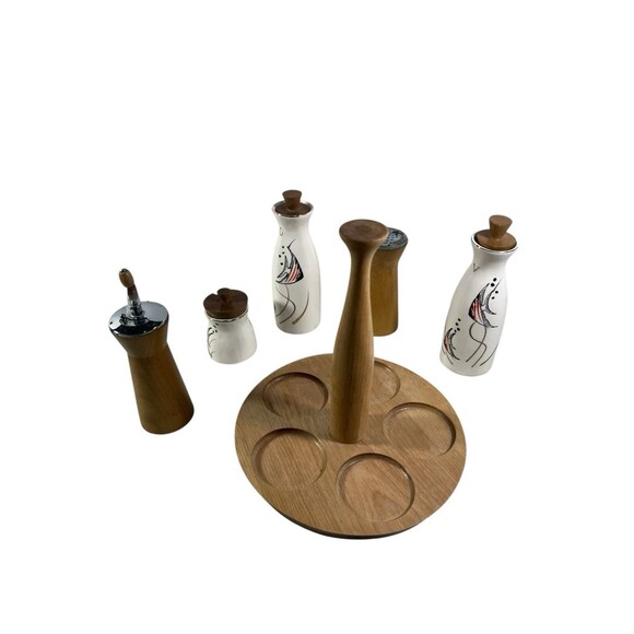 VTG Woodpecker Wood Ware Condiment Caddy Angel Fish Cruet Set 60s MCM Rare *READ - Picture 9 of 15